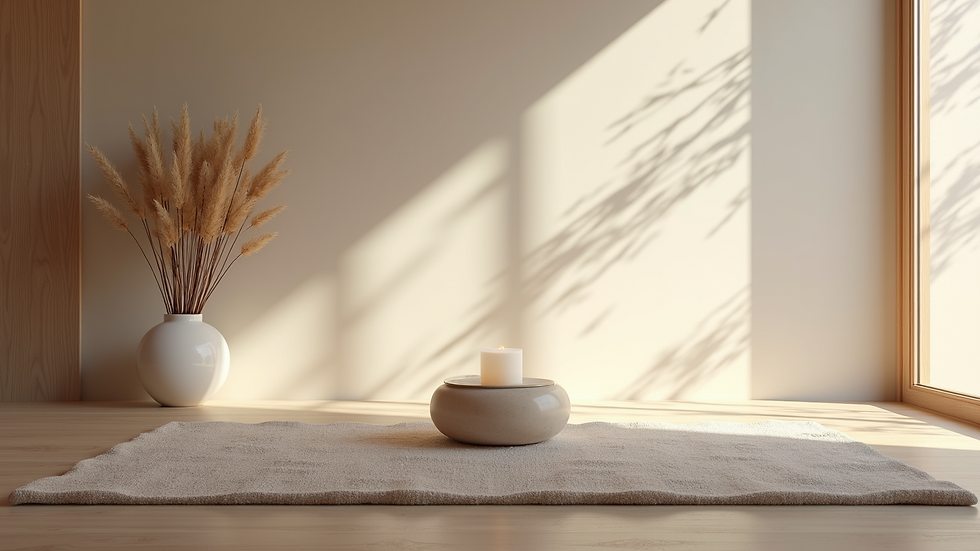Eye-level view of a peaceful meditation space with calming artifacts