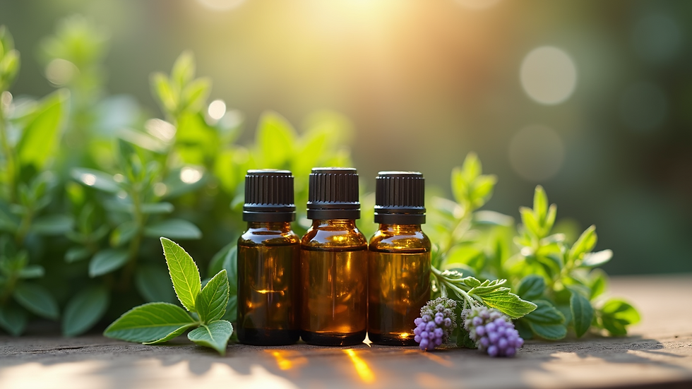 Close-up view of essential oil bottles with fresh herbs