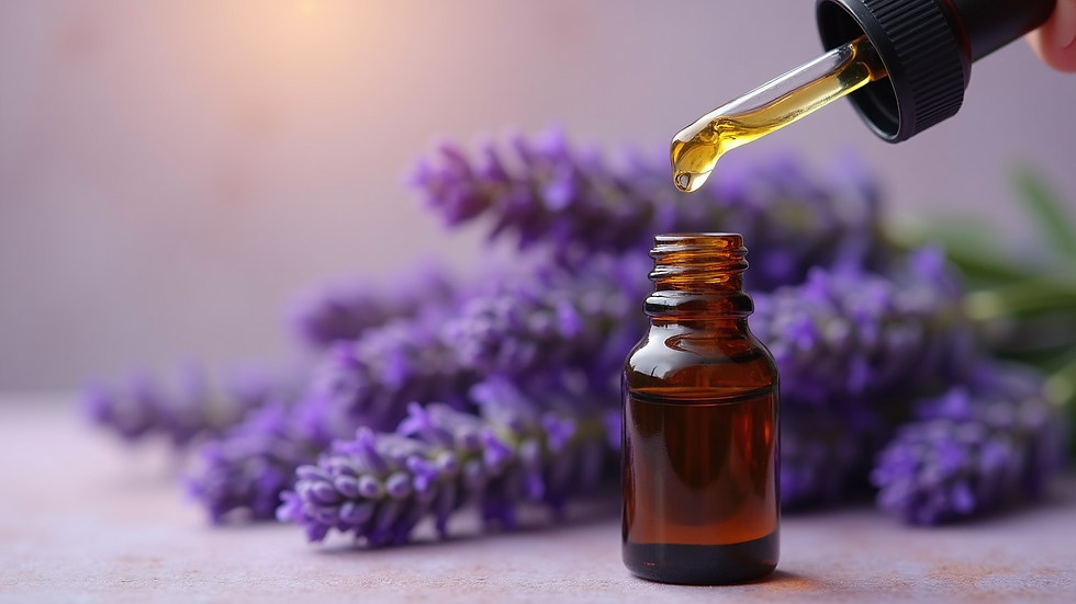 Close-up view of essential oil dropper with lavender flowers