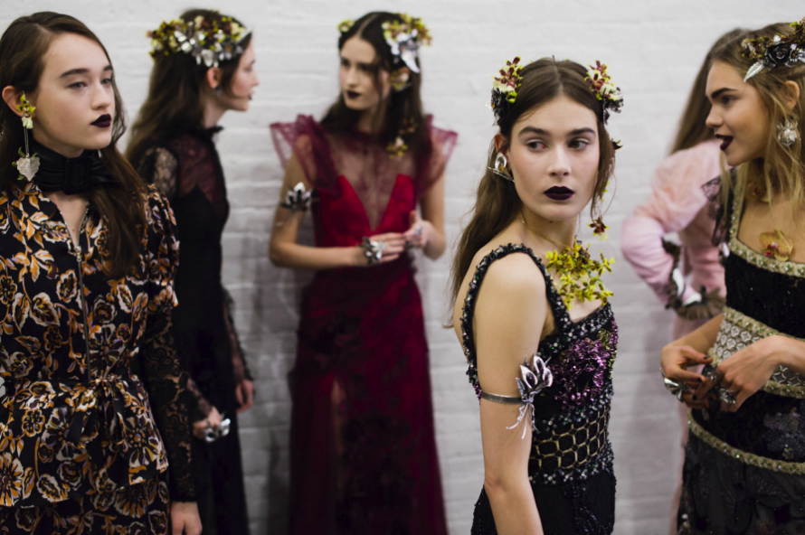 Rodarte Fall 2016 features grungy makeup to accompany the carefully detailed dresses and accessories.
