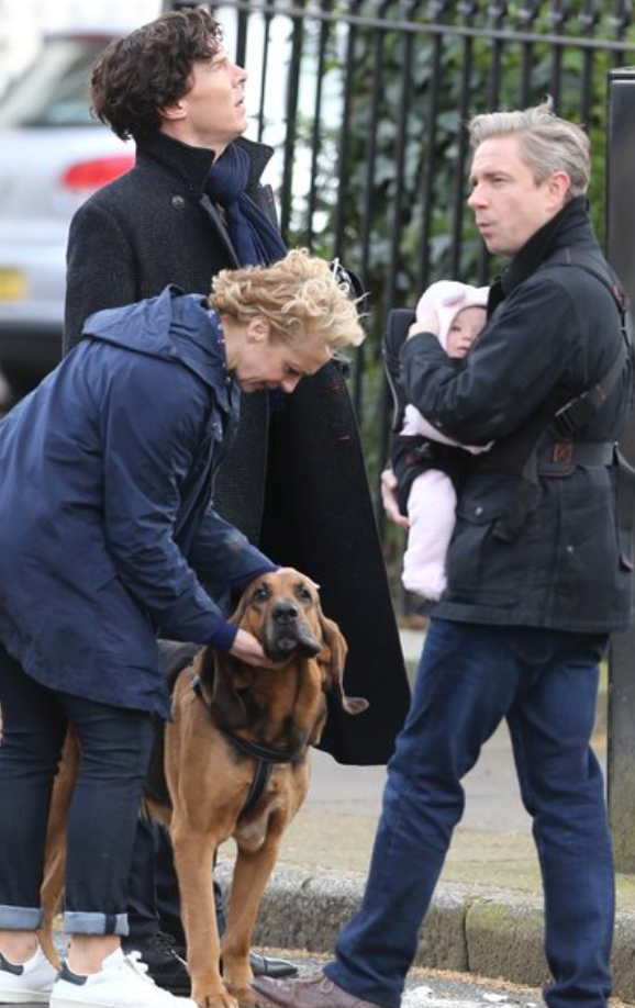 Set photo released from upcoming season 4, featuring the Watson couple with their new daughter, and Sherlock.