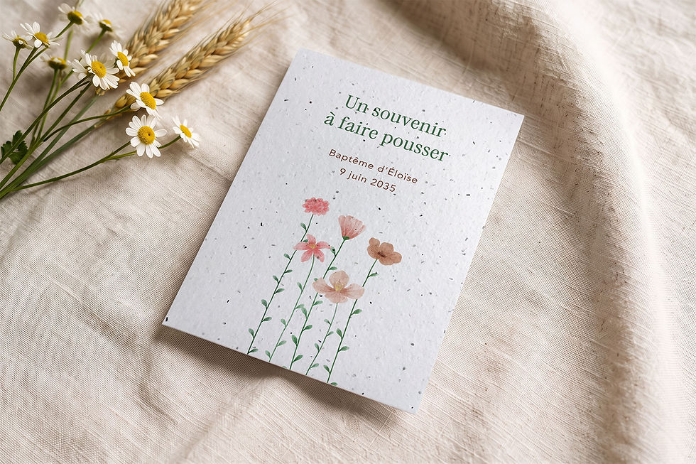 Carte de remerciement à semer personnalisée Gracile aux tiges fleuries roses, pour un baptême