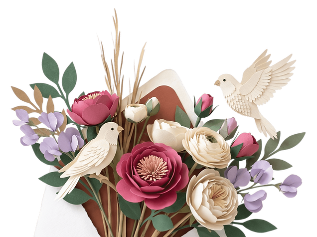 Paper flower bouquet in raspberry and cream bursting from an envelope with two lovebirds, for a plantable guest gift