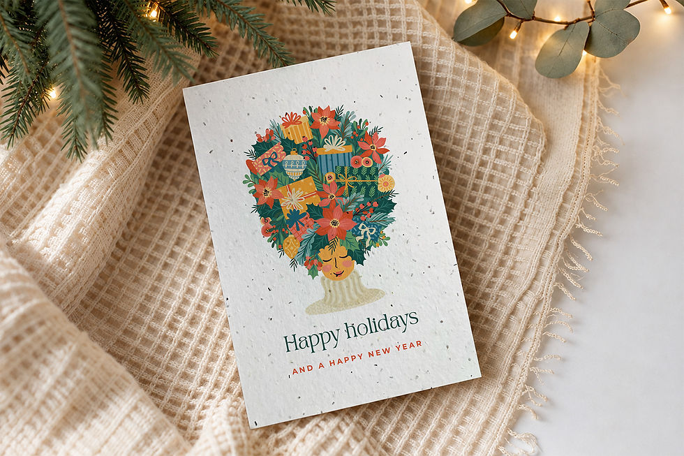 Abondance, plantable Christmas card on a knit throw with fir and fairy lights, handcrafted in Quebec
