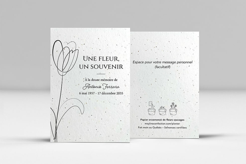 Subtil – carte à semer funérailles personnalisée en papier recyclé ensemencé, fait main au Québec