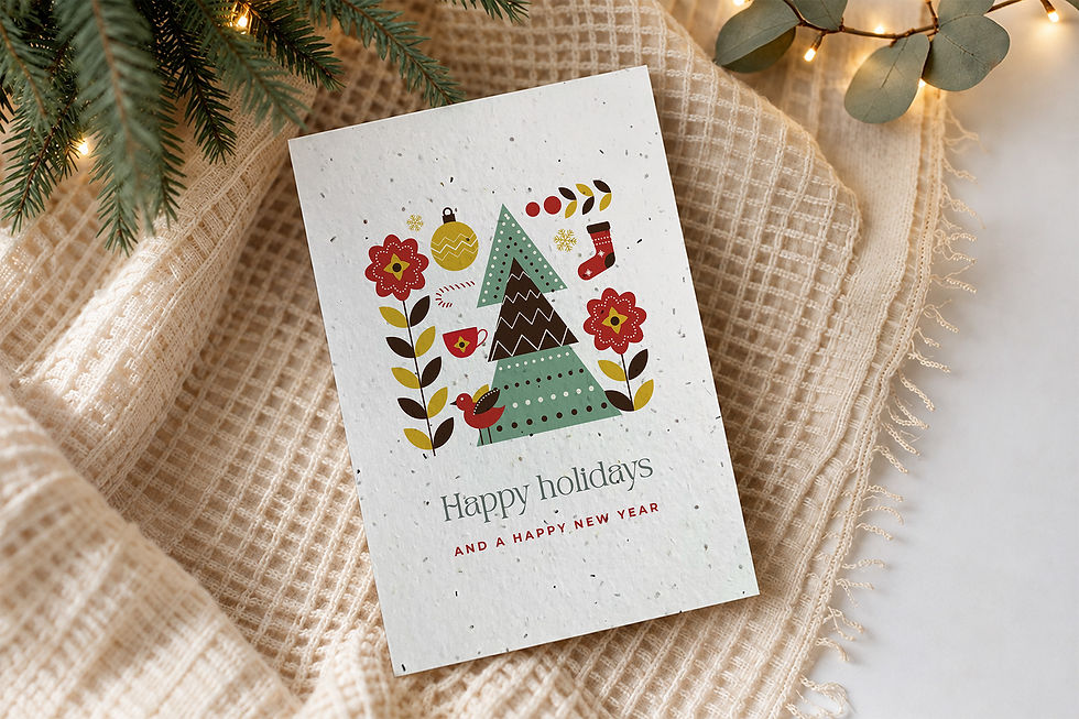 Tradition, plantable Christmas card on a knit throw with fir and fairy lights, handcrafted in Quebec