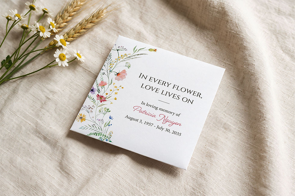 Personalized funeral memorial seed packet Jardin with a wildflower garland