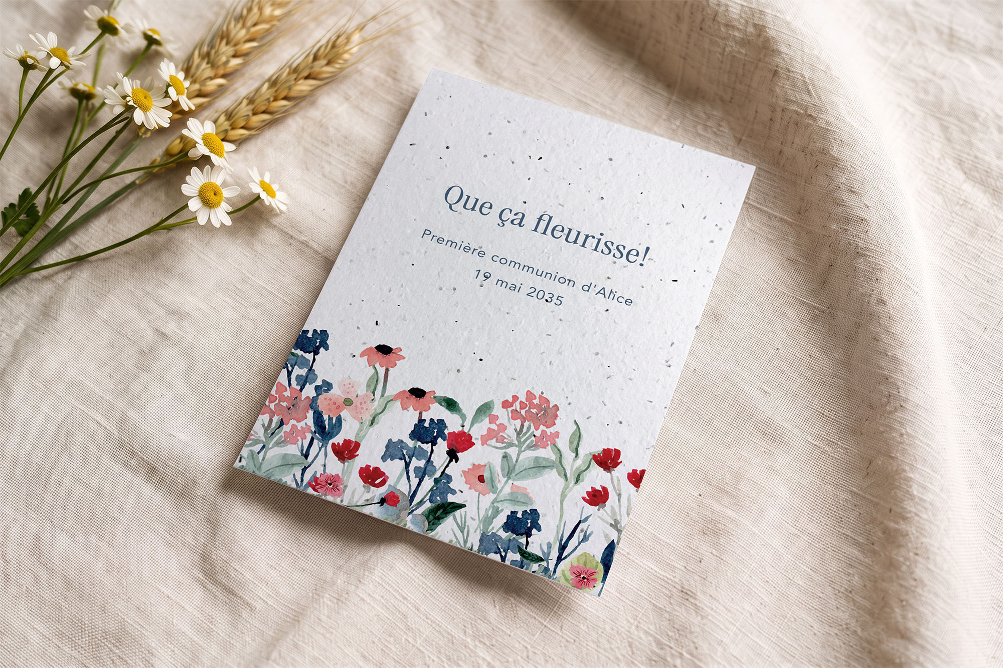 Carte de remerciement à semer personnalisée Jardinière à la prairie aquarellée, pour une première communion