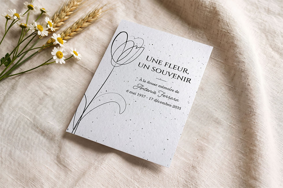 Carte souvenir funéraire à semer personnalisée Subtil à la tulipe au trait fin