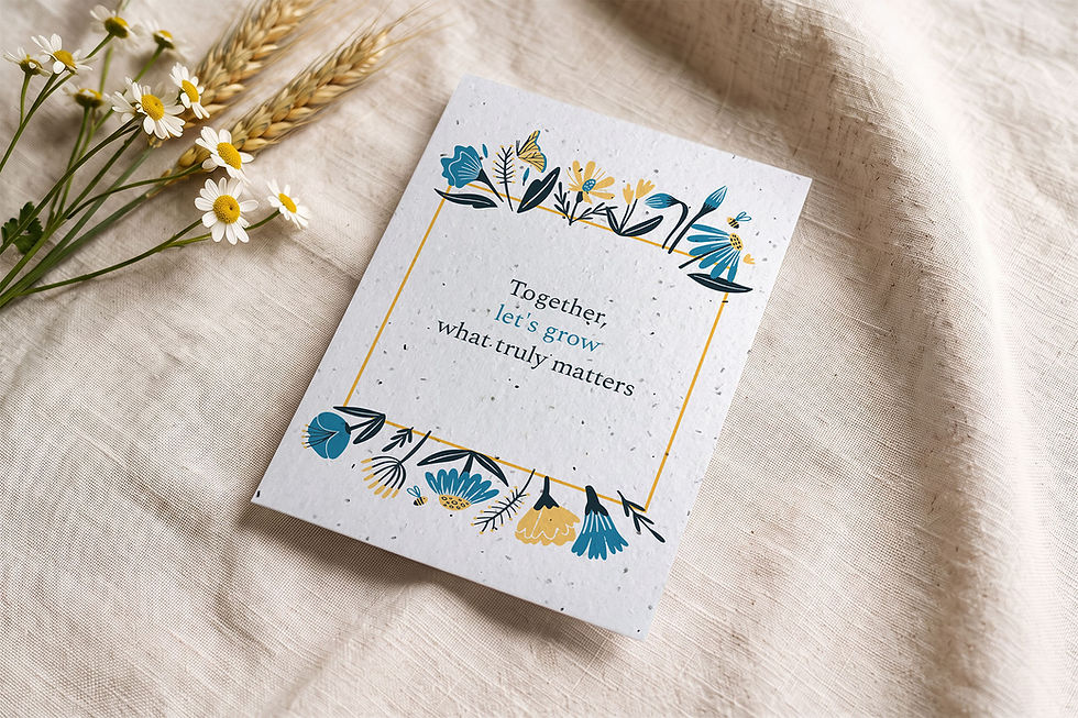 Corporate gift seed paper card Ruche with a blue and yellow floral frame