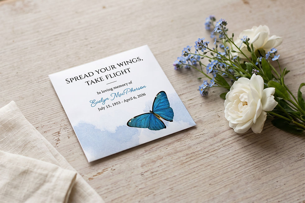 Papillon, customized funeral seed packet, blue butterfly on watercolour, with forget-me-nots and white roses, handcrafted in Quebec