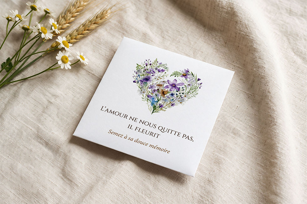 Sachet de graines souvenir funéraire Violette au cœur de fleurs mauves