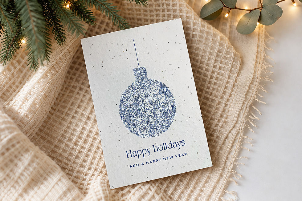 Azur, plantable Christmas card on a knit throw with fir and fairy lights, handcrafted in Quebec