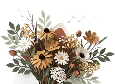 Bouquet de fleurs sauvages en papier jaillissant d'une enveloppe, avec des graines de pissenlit qui s'envolent, pour des cartes à semer et sachets de graines