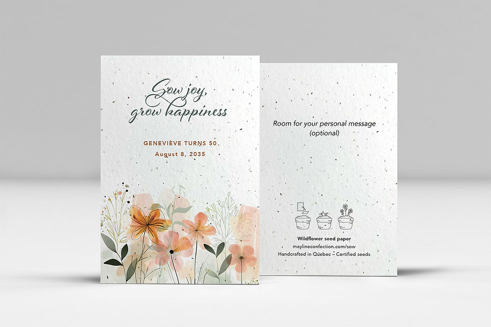 Aurore, peach and coral watercolour meadow, customizable celebration plantable card, handcrafted in Quebec