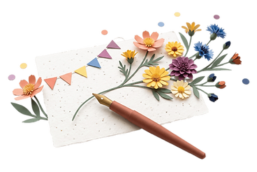 Fanions et fleurs en papier fait main autour d'une feuille de papier ensemencé et d'une plume, pour textes de remerciement