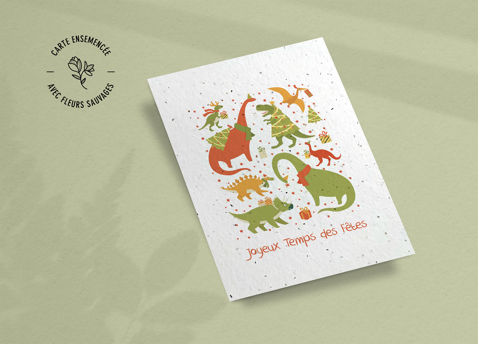 Carte de Noël écologique dinosaures festifs personnalisable