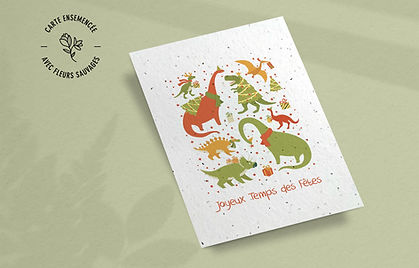 Carte de Noël ensemencée personnalisée – Dinosaures, illustrée de dinosaures festifs et amusants, fabriquée au Québec.
