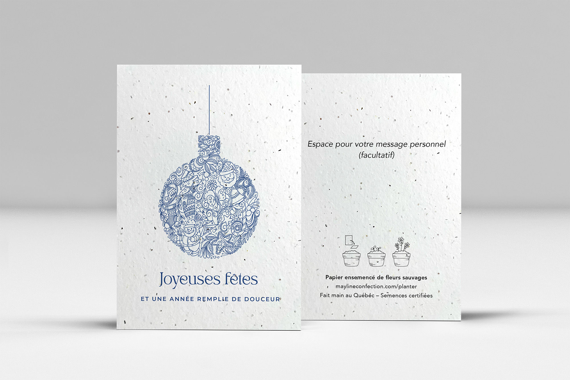 Azur, boule de Noël ornée, bleu profond, carte à semer personnalisable temps des fêtes, fait main au Québec