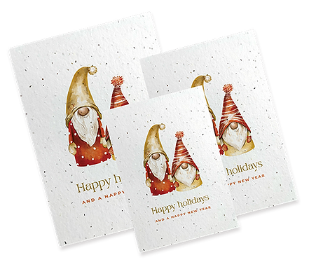 Christmas seed paper cards with gnome illustrations, holiday designs on seed paper