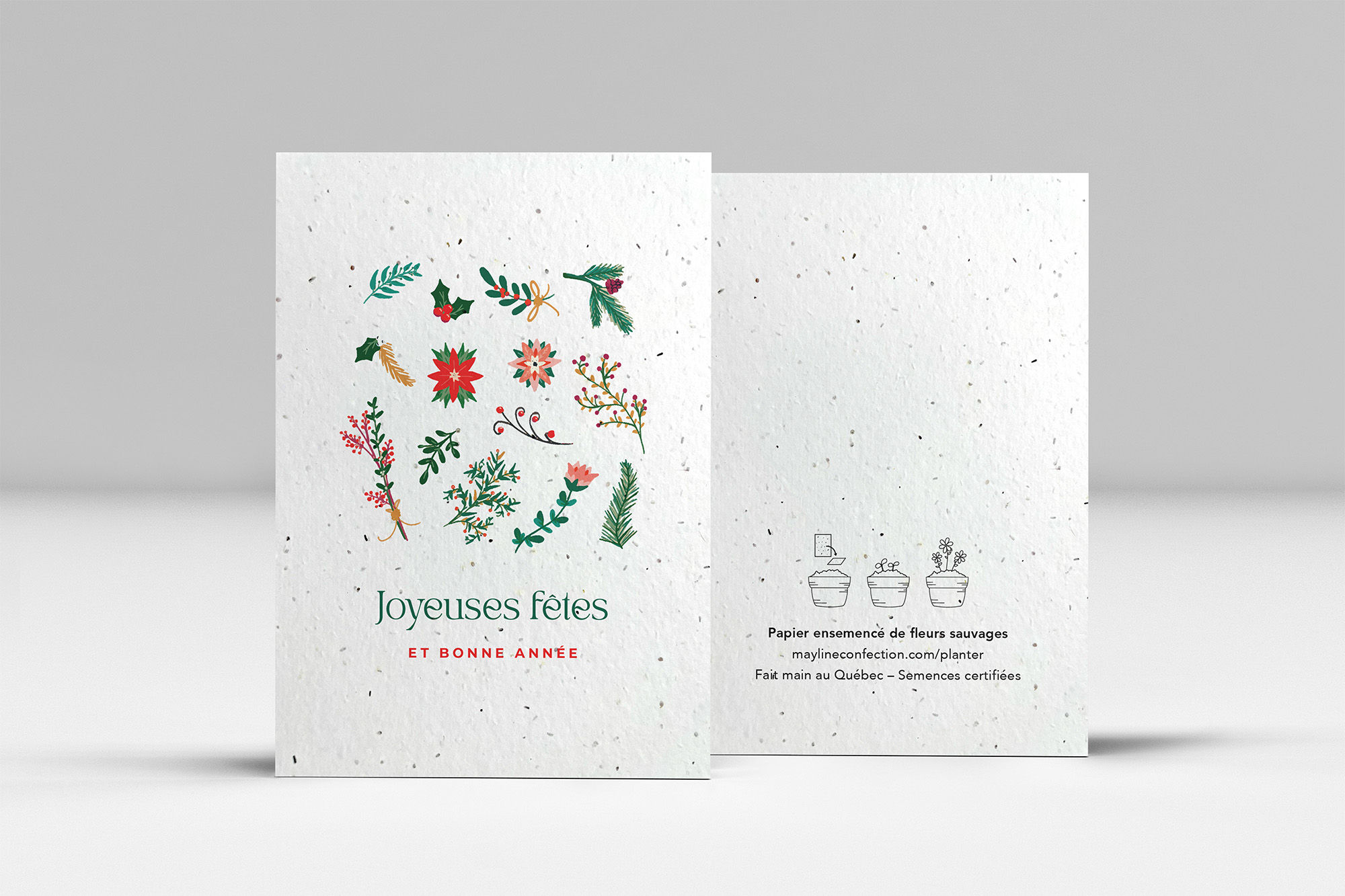 Mosaïque - carte à semer du temps des fêtes en papier recyclé ensemencé, fait main au Québec
