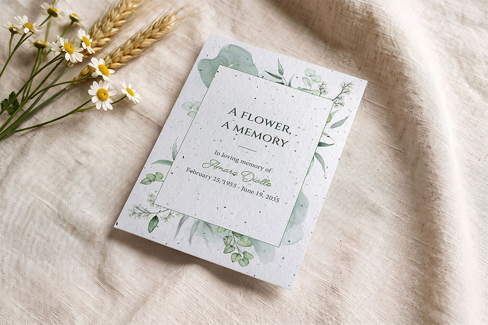 Personalized plantable funeral memorial card Feuillage with sage green eucalyptus