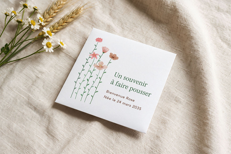 Sachet de graines cadeau d'invités personnalisé Gracile aux tiges fleuries roses, pour une naissance