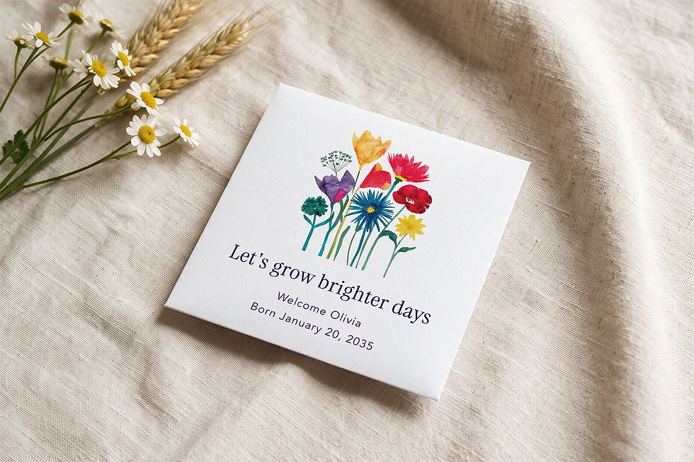 Personalized seed packet favor Semis with vivid flowers, for a new baby