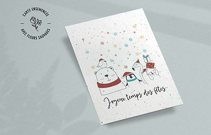 Carte de Noël ensemencée personnalisée – Ours et Amis, illustrée d’ours, pingouins et amis festifs, fabriquée au Québec.