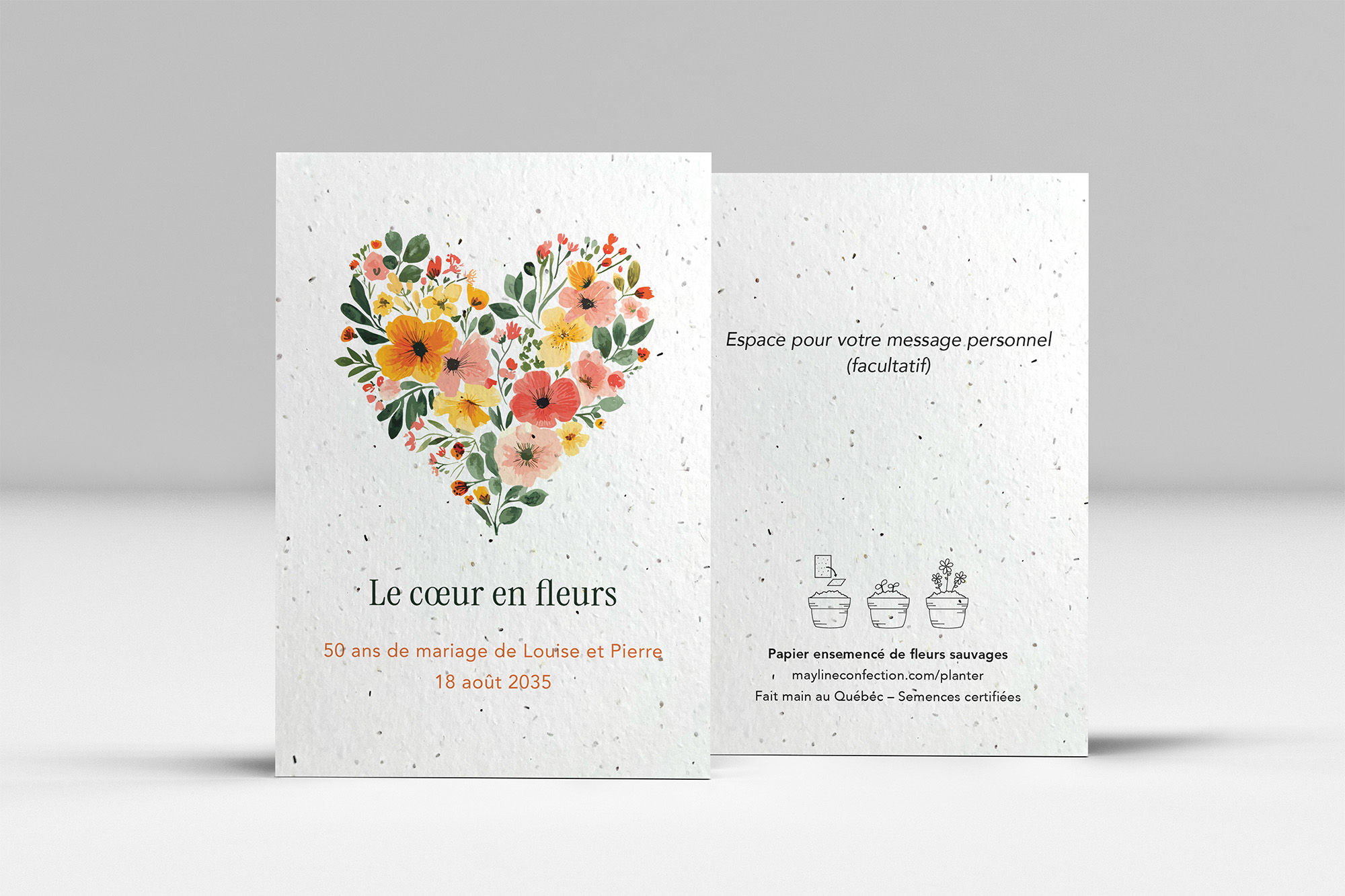 Floraison, cœur de fleurs aquarellées corail et doré, carte de remerciement à semer personnalisable, fait main au Québec