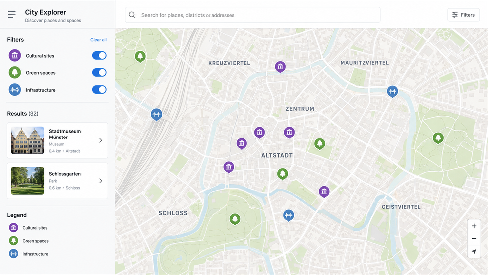 Interaktive Kartenanwendung mit Kategoriefiltern und POI-Markierungen auf einem Stadtplan
