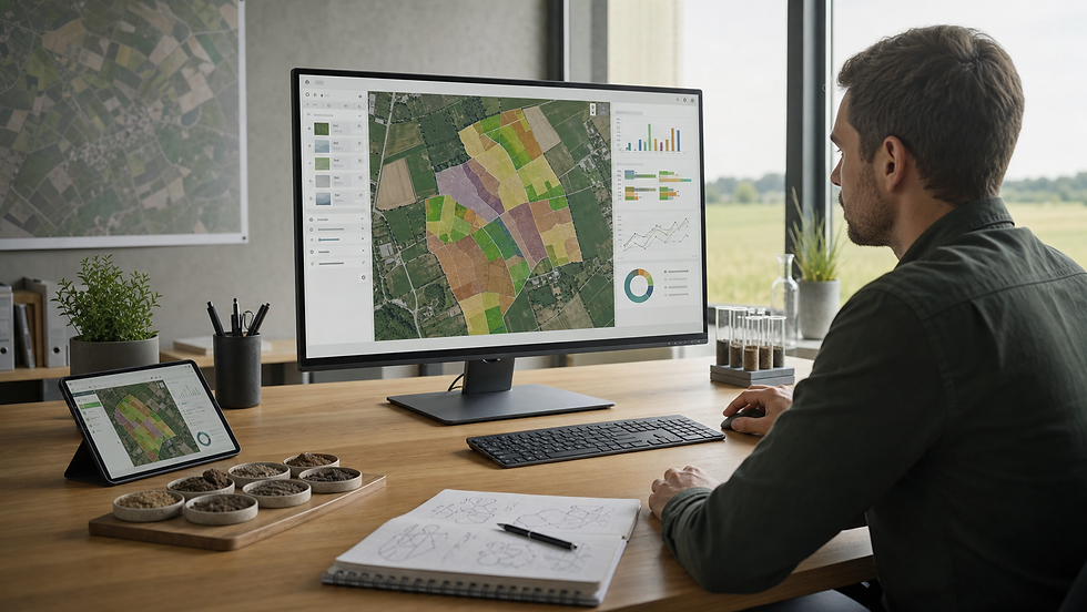 Eine Agrarsoftware zeigt Bodendaten, Feldflächen, Bodenproben und Analysebereiche in einer professionellen Kartenansicht.