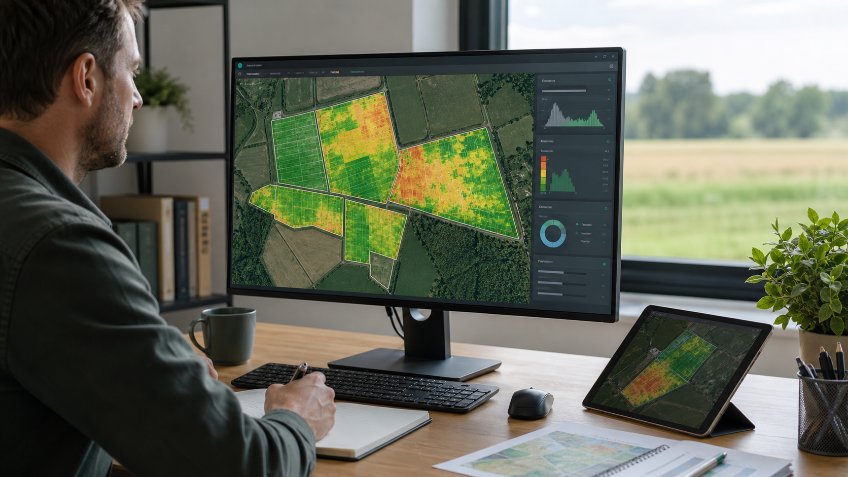 Eine Agrarsoftware zeigt eine Ertragskarte mit farbigen Ertragsunterschieden, Analysebereichen und Karteninformationen an einem modernen Arbeitsplatz.