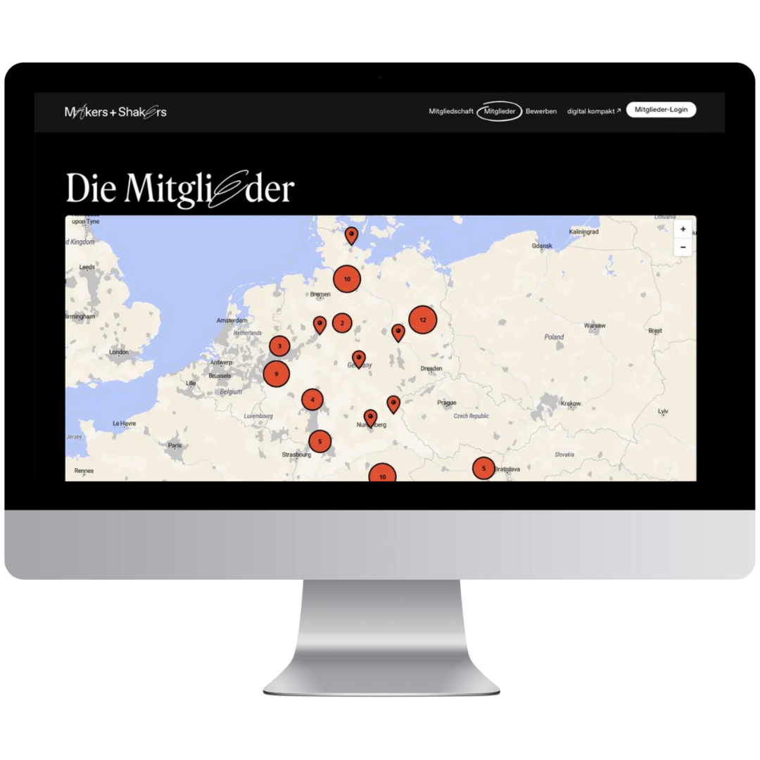 Die Makers + Shakers Mitglieder Karte wird auf einem iMac dargestellt. 