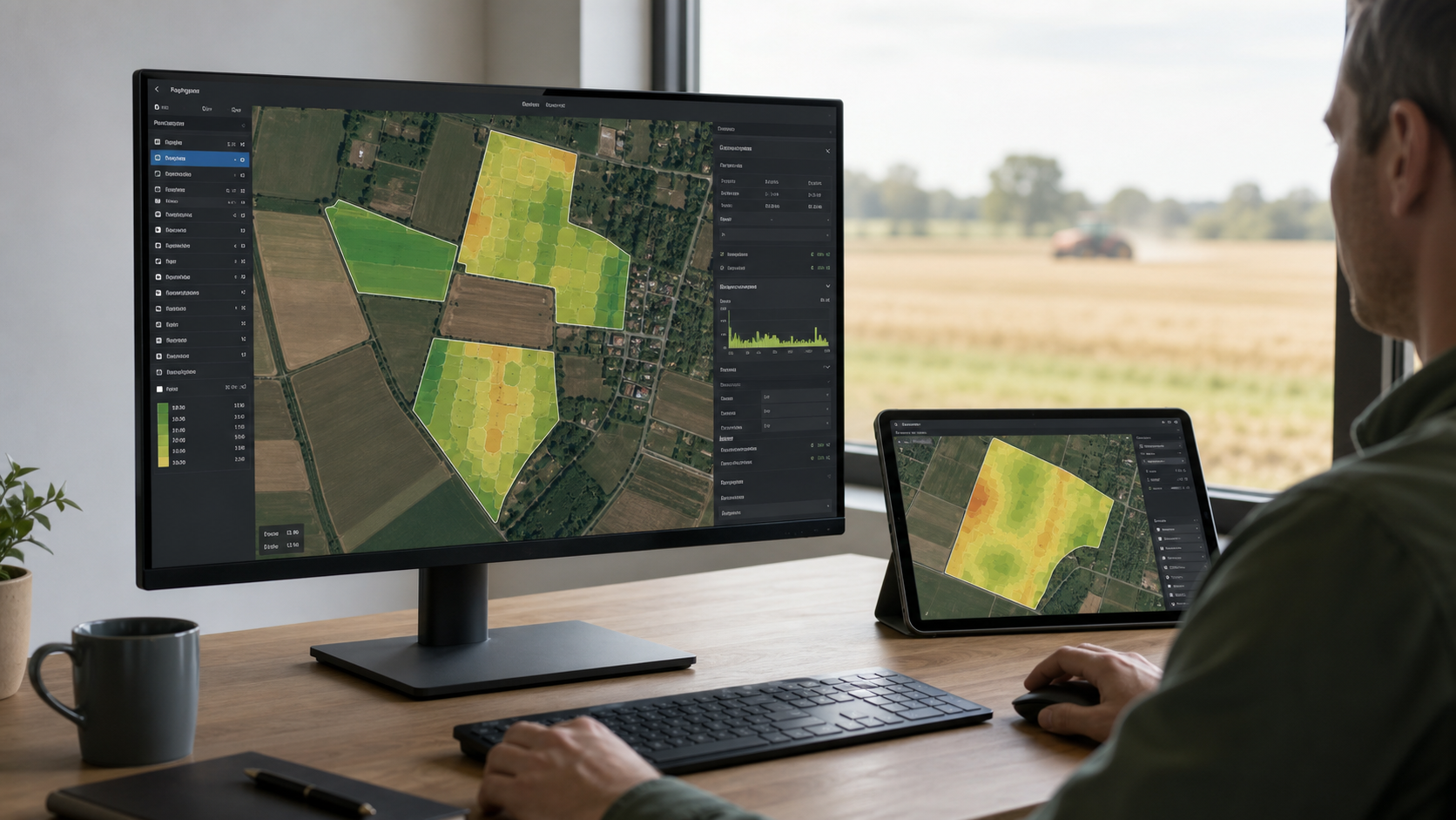 Eine Agrarsoftware zeigt Feldflächen mit farbigen Aussaatzonen und Analyseinformationen für teilflächenspezifische Aussaat.