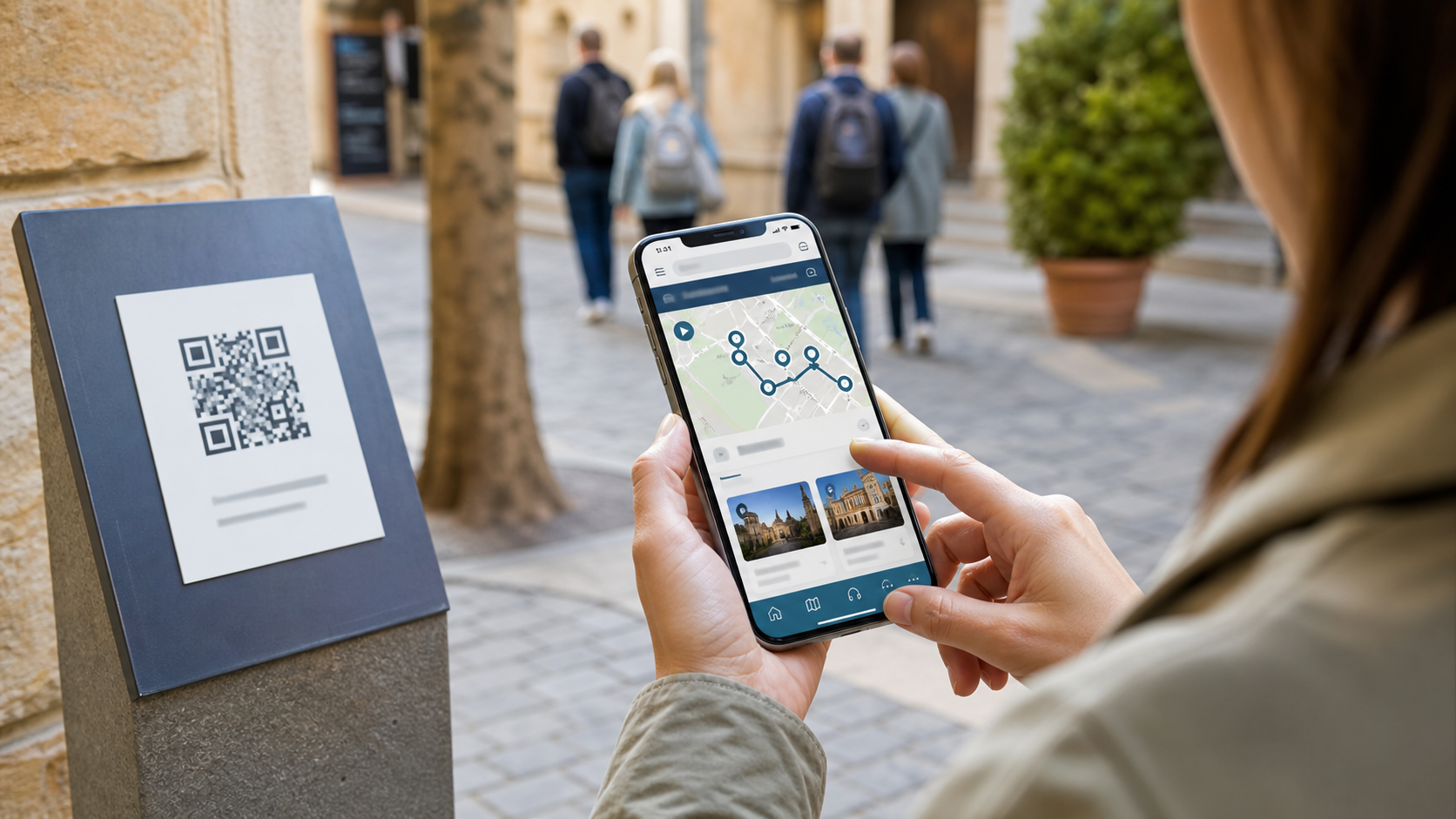 Ein Smartphone öffnet eine Tourismus App ohne Download mit Karte, Routen und Stationen direkt im Browser.