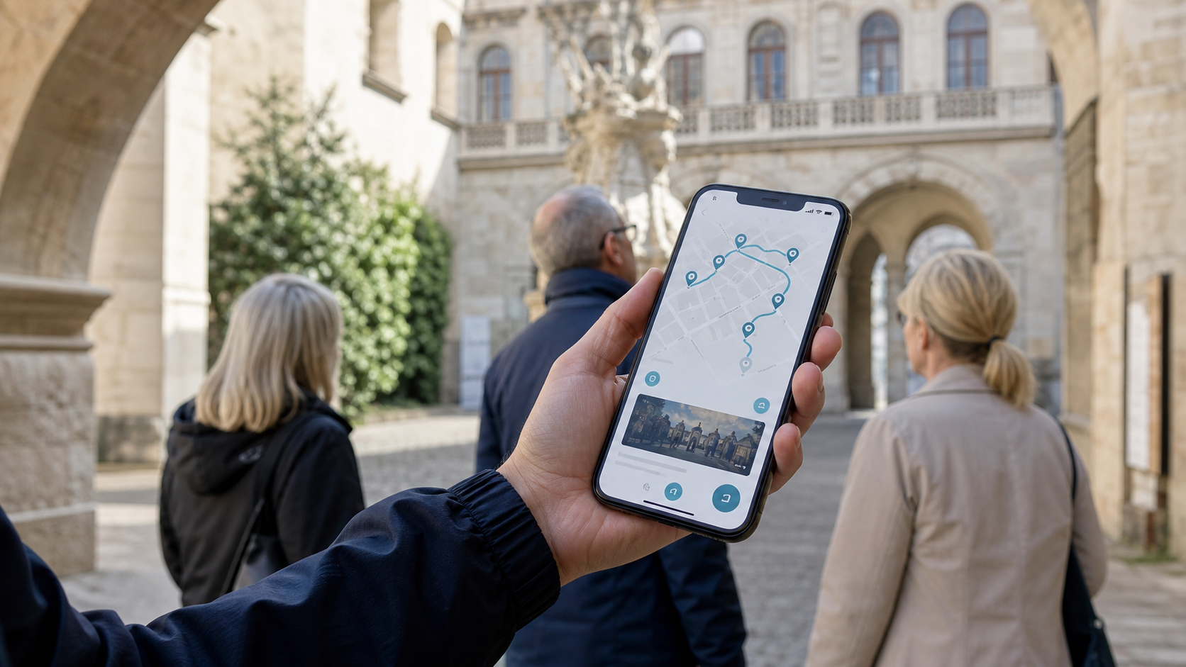 Besucherinnen nutzen ein Smartphone mit digitaler Karte und Stationen in einer historischen Innenstadt.