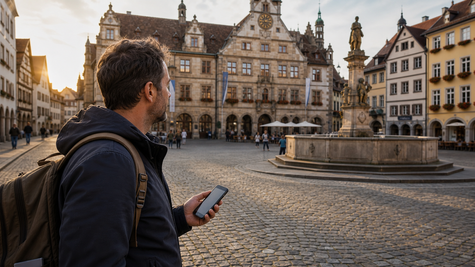 Reisender steht mit Smartphone auf einem historischen Marktplatz und schaut zum Brunnen