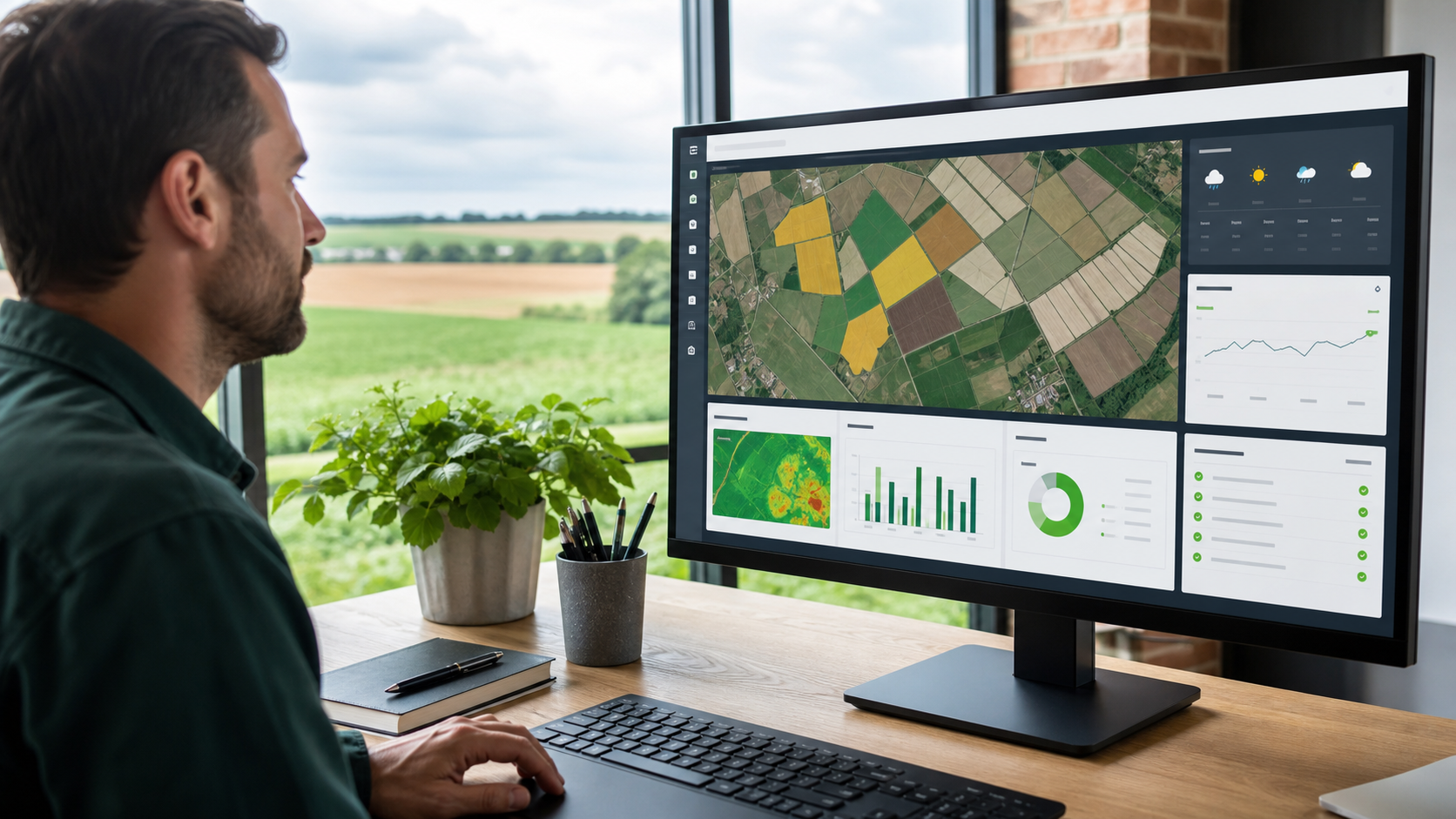 Eine Agrar-Datenplattform zeigt Feldkarten, Wetterinformationen, Satellitendaten und Servicebereiche in einer professionellen Weboberfläche.