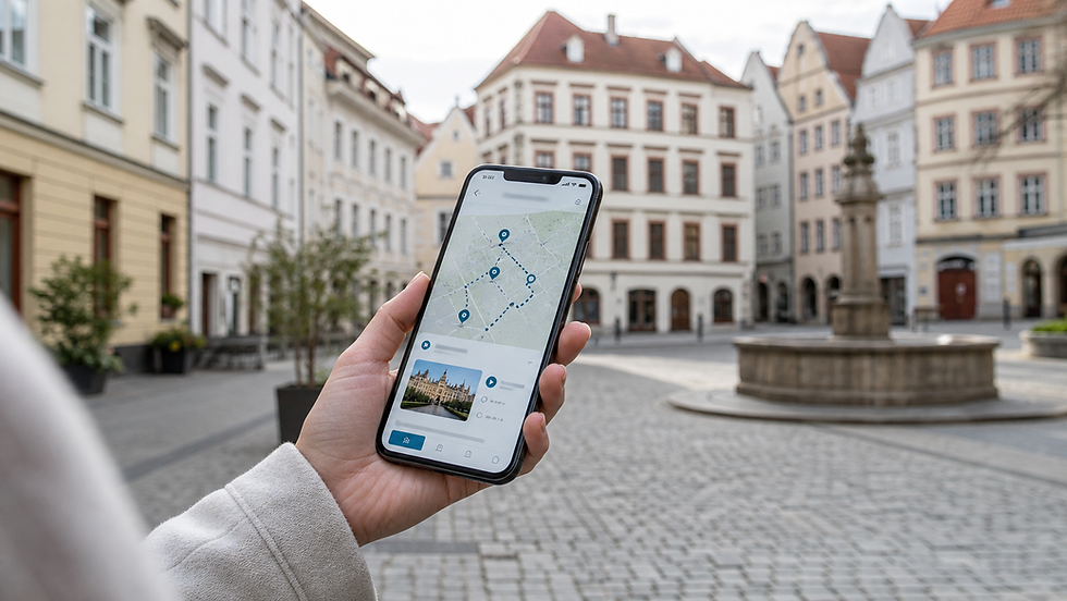 Ein Smartphone zeigt eine digitale Stadtführung mit Karte, Stationen und kurzen Inhalten in einer historischen Innenstadt.