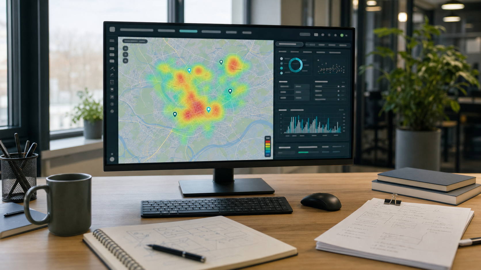 Eine digitale Karte zeigt eine Heatmap mit farblich hervorgehobenen räumlichen Schwerpunkten.