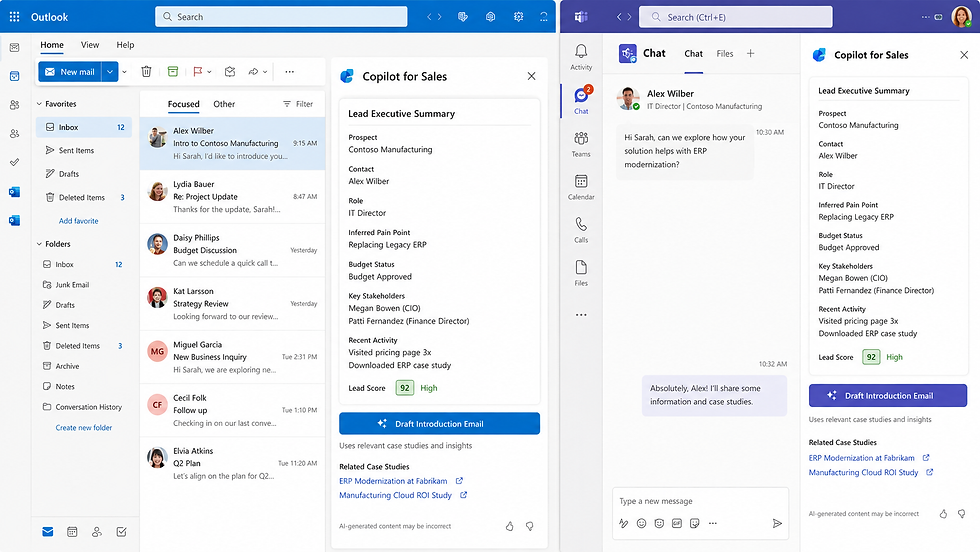 Copilot for Sales side panel inside Outlook and Teams, surfacing AI lead digests and 1-click meeting prep summaries.
