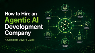How to hire an Agentic AI development company — buyer's guide header image with network node graphic representing AI agent orchestration