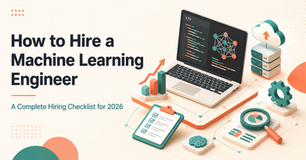 Isometric 3D illustration for "How to Hire a Machine Learning Engineer: A Complete Hiring Checklist for 2026" featuring a laptop, neural network diagram, and machine learning workflow icons