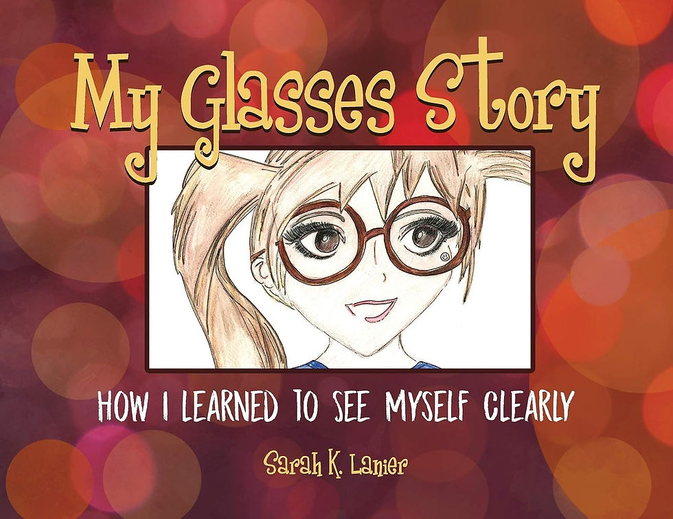 Book cover My Glasses Story with an illustrated girl in round glasses; subtitle How I Learned to See Myself Clearly
