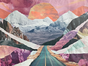 A paper cut out collage of a long winding road with mountains on both sides and a sunset in the distance