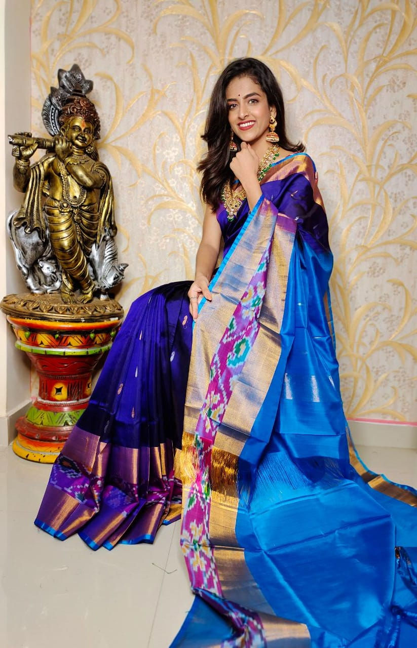 Thumbnail: Uppada Pochampally Border Rain Drop Buta Design Pattu Sarees 