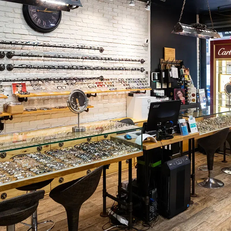 Optical store interior showing various eyeglasses