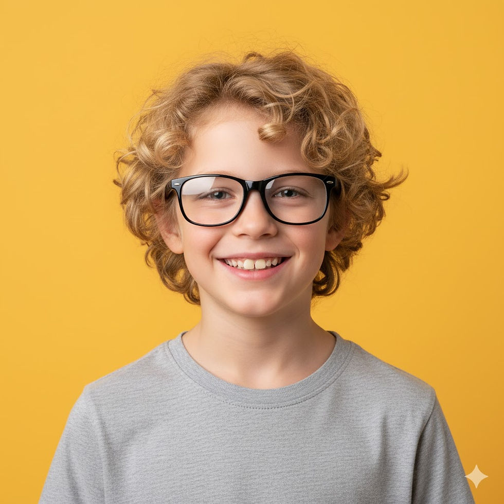 Smiling boy with curly hair wearing eyeglasses