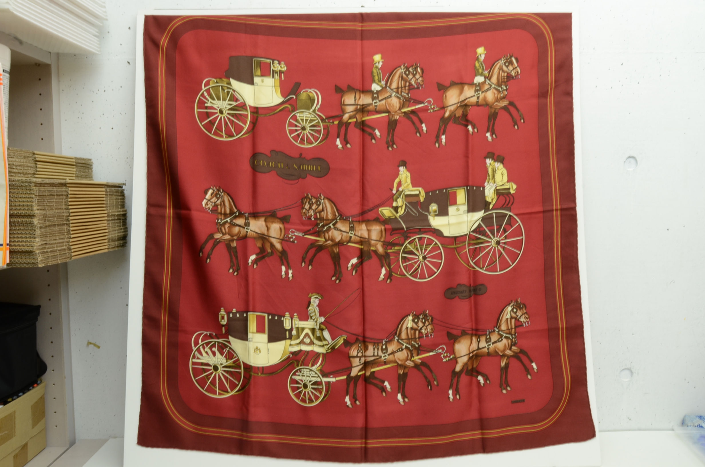 Authentic Hermes 100% Silk Scarf Coach & Saddle Red Philippe Ledoux Vintage 90cm